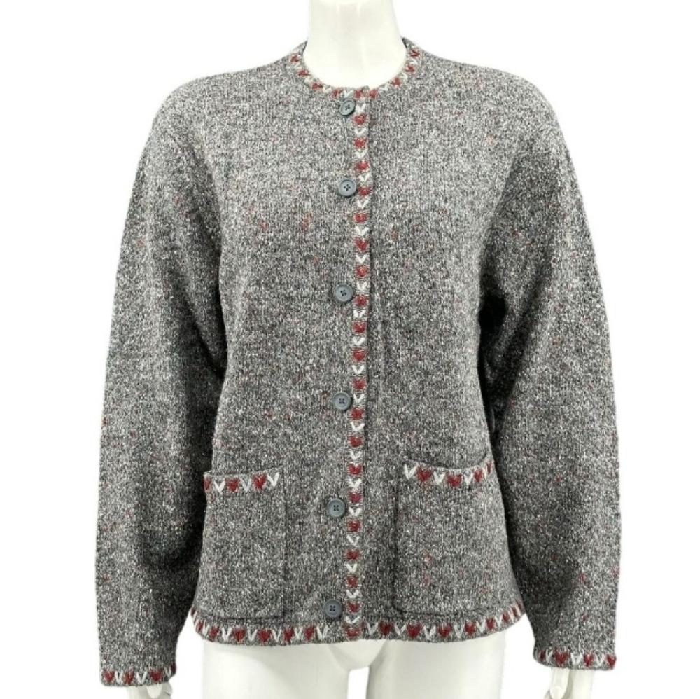 Woolrich Womens Medium Charcoal Heather Gray/Red Knit Button Up Cardigan Sweater